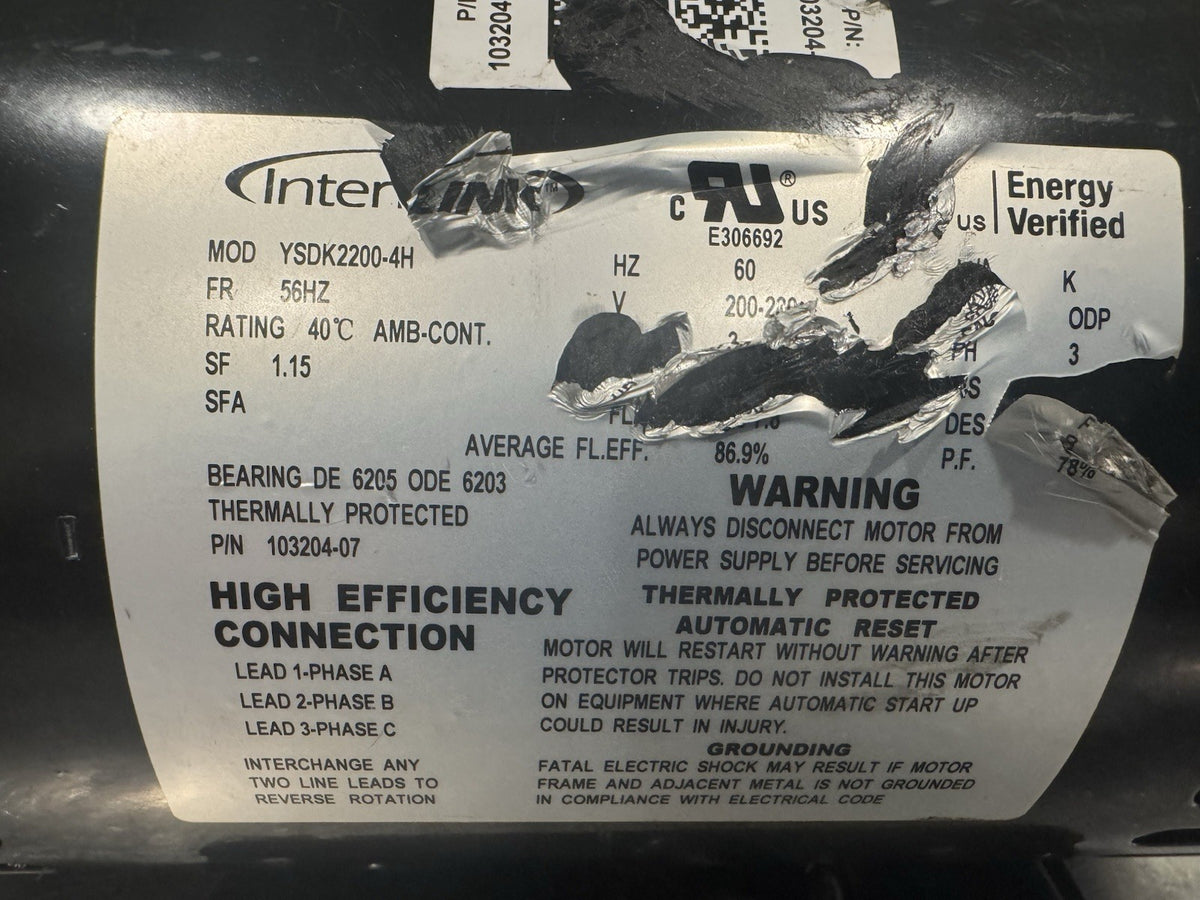 Interlink YSDK2200-4H Blower Motor 3HP 200-230V 103204-07 NEW! FREE SHIPPING!