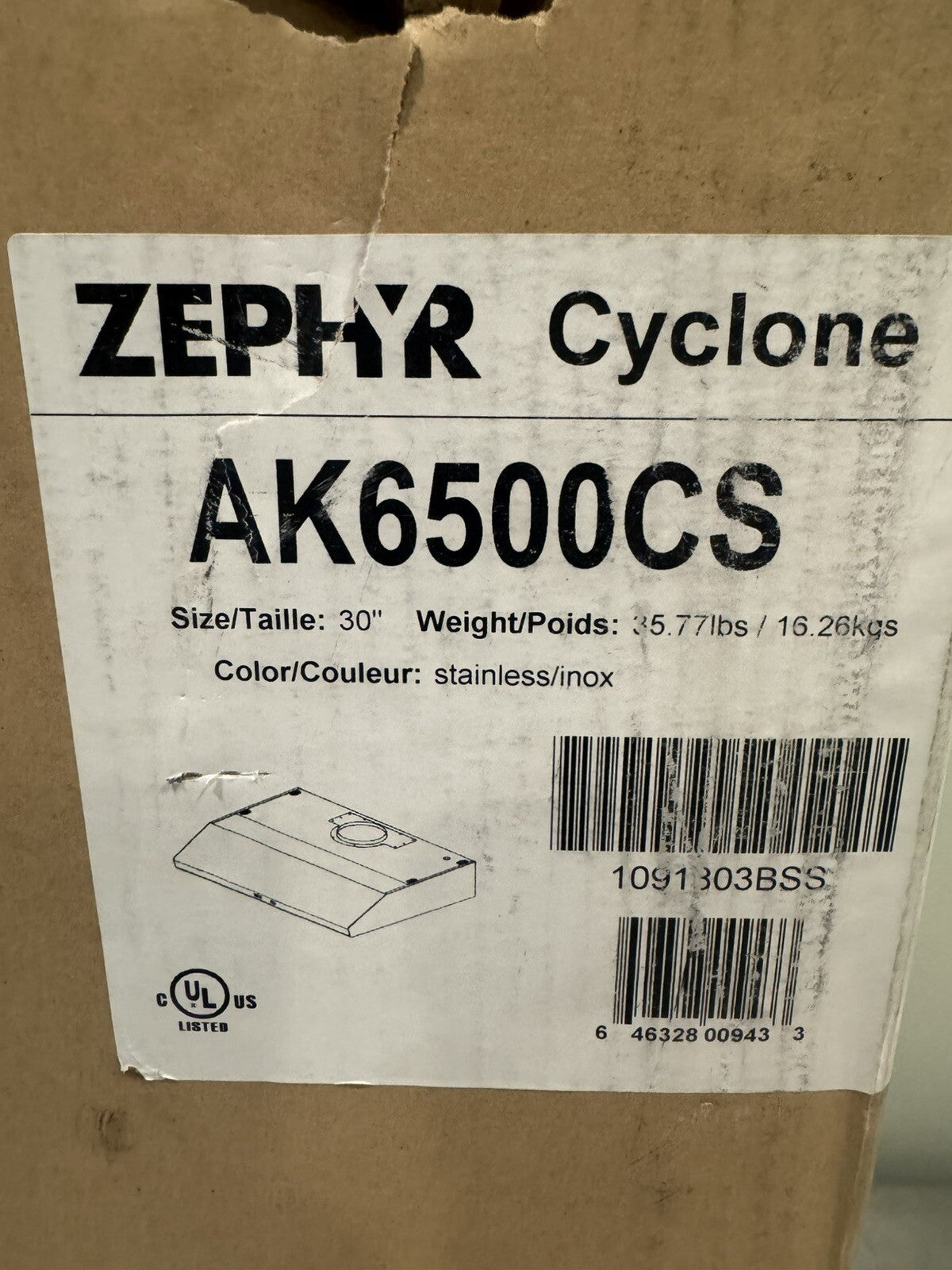 Zephyr AK6500CS Cyclone Range Hood 30” Stainless Steel NEW IN BOX! FREE SHIPPING