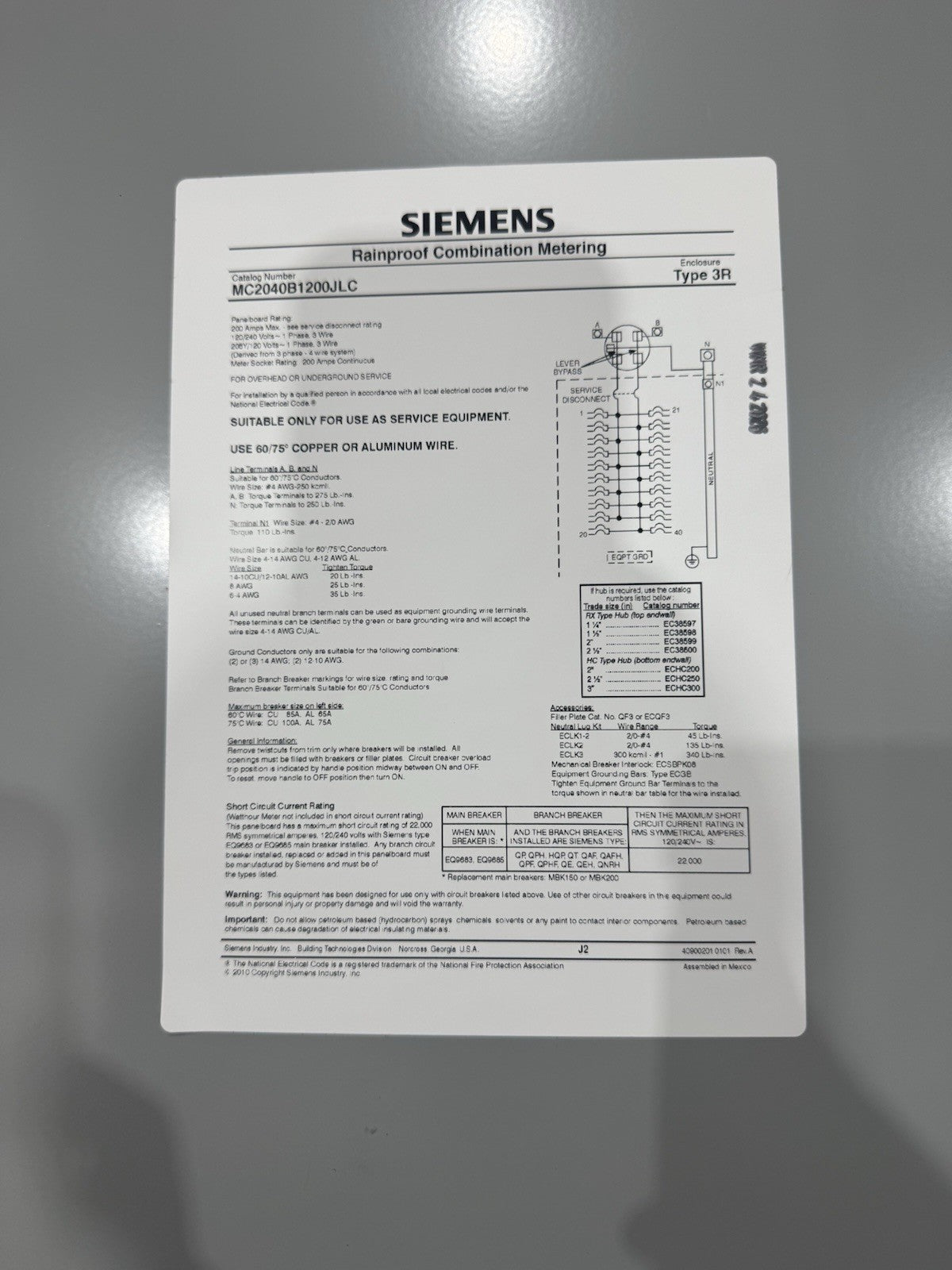 Siemens MC2040B1200JLC 200 Amp 20 Space 40 Circuit 5 Jaw Bypass Meter Center NEW