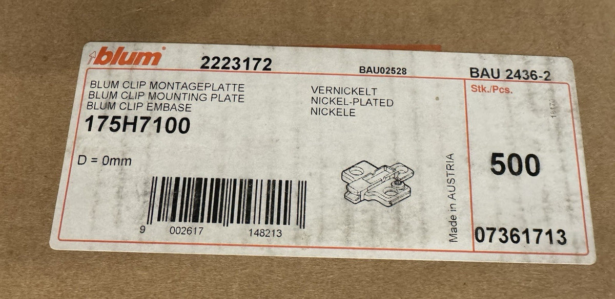 Blum 175H7100 Frameless Mounting Plate 500 PACK NEW IN BOX! FREE SHIPPING!