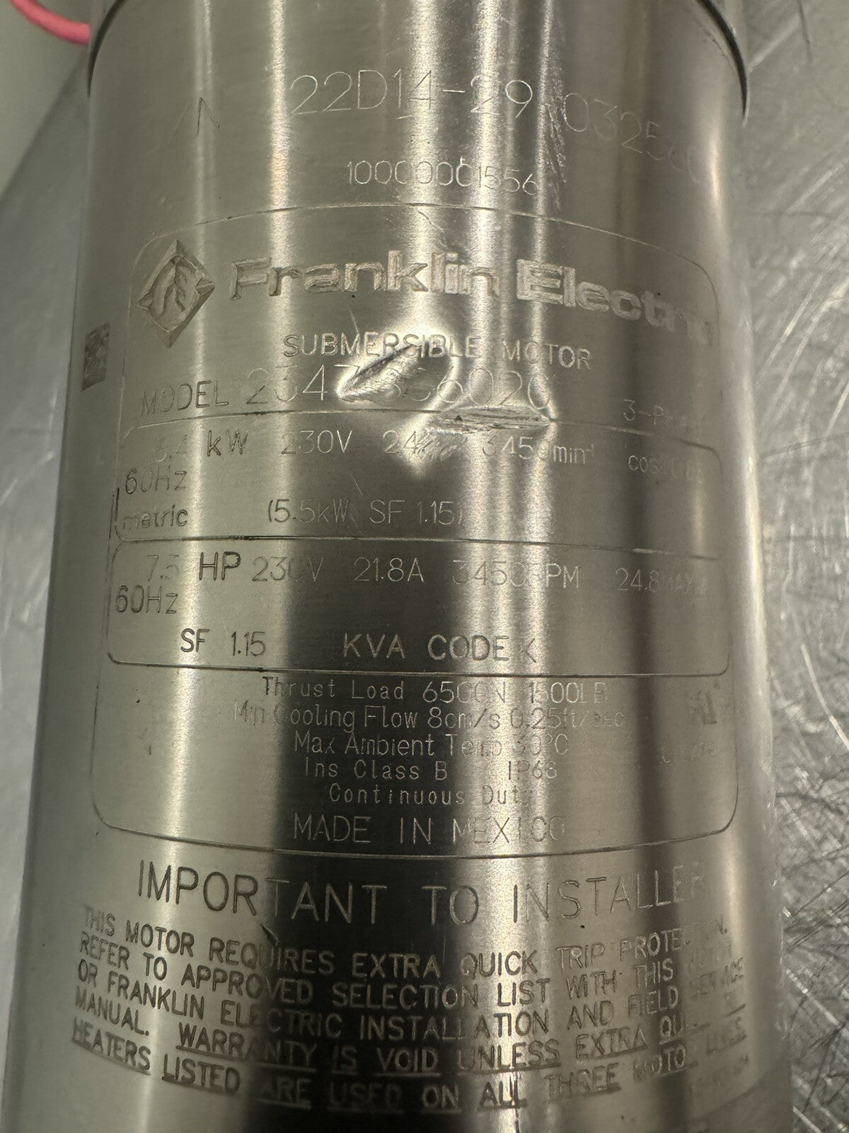 Franklin Electric 2347188602G Submersible Well Pump Motor 7.5HP 230V NEW!