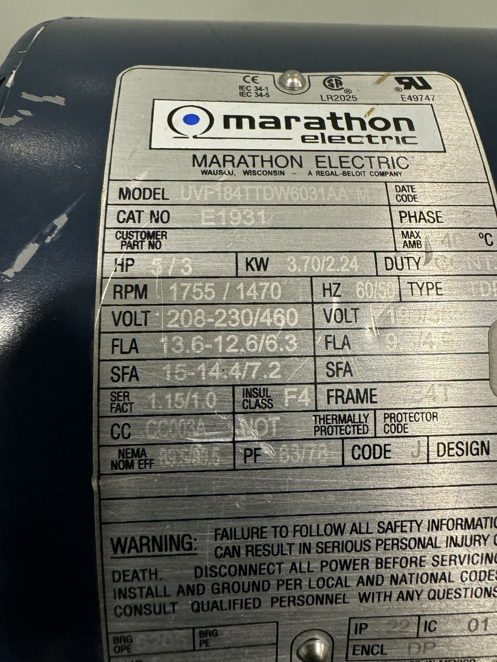 Marathon E1931 Electric Motor 5HP 1755 RPM 208-230/460V 184T NEW! FREE SHIPPING!