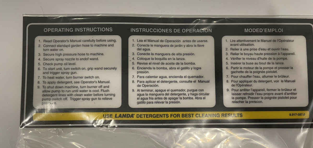 Landa 8.917-587.0 Control Panel Operating Label NEW! FREE SHIPPING!