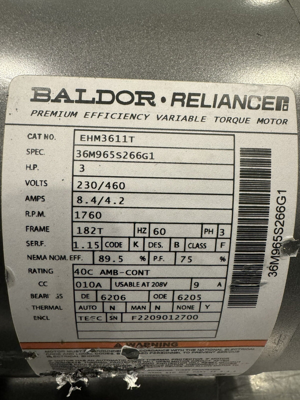 Baldor EHM3611T Motor 3HP 230/460V 1760 RPM NEW! FREE SHIPPING!