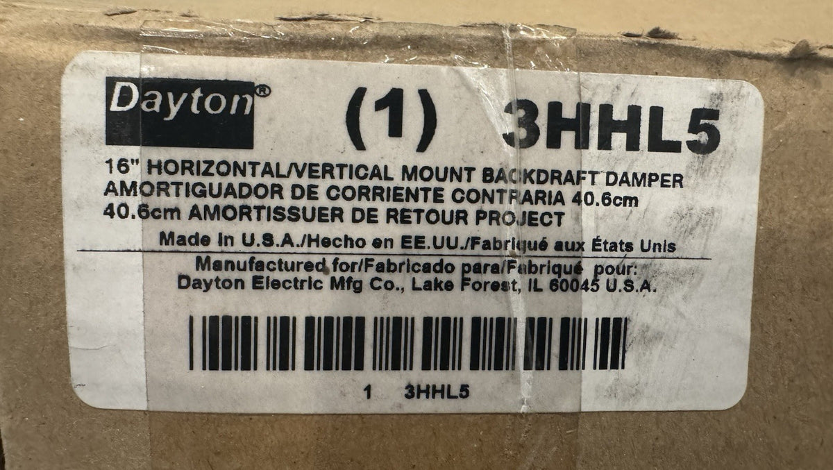Dayton 3HHL5 Backdraft Damper 16” Horizontal/ Vertical Mount NEW IN BOX!