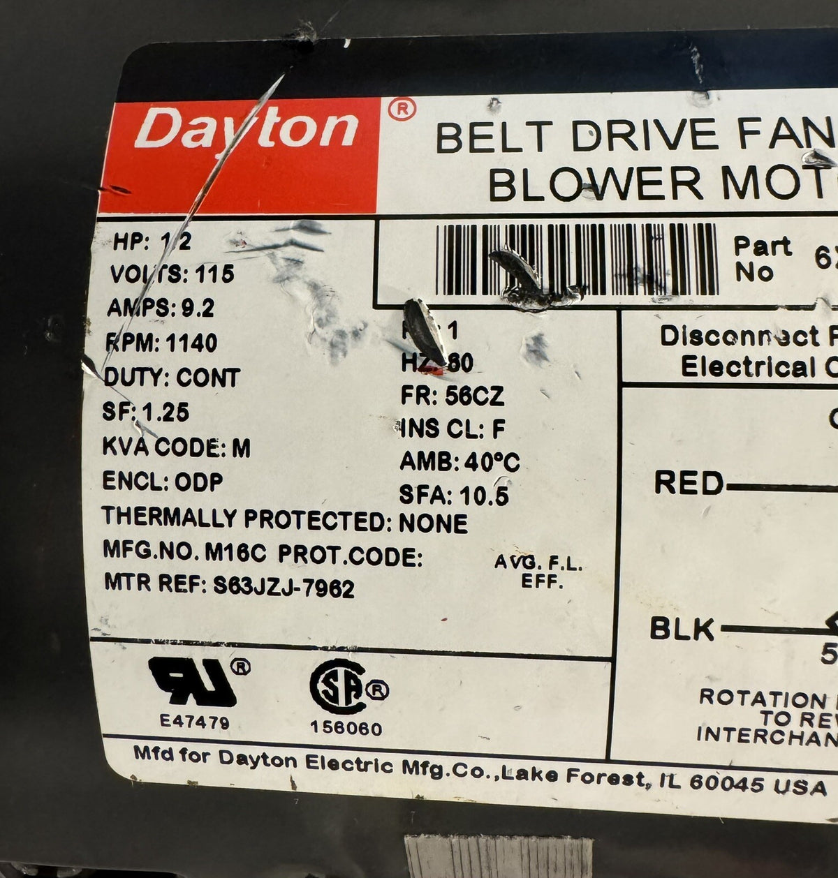 Dayton 6XH53BG Belt Drive Motor 1/2HP 115V 1140 RPM NEW! FREE SHIPPING!