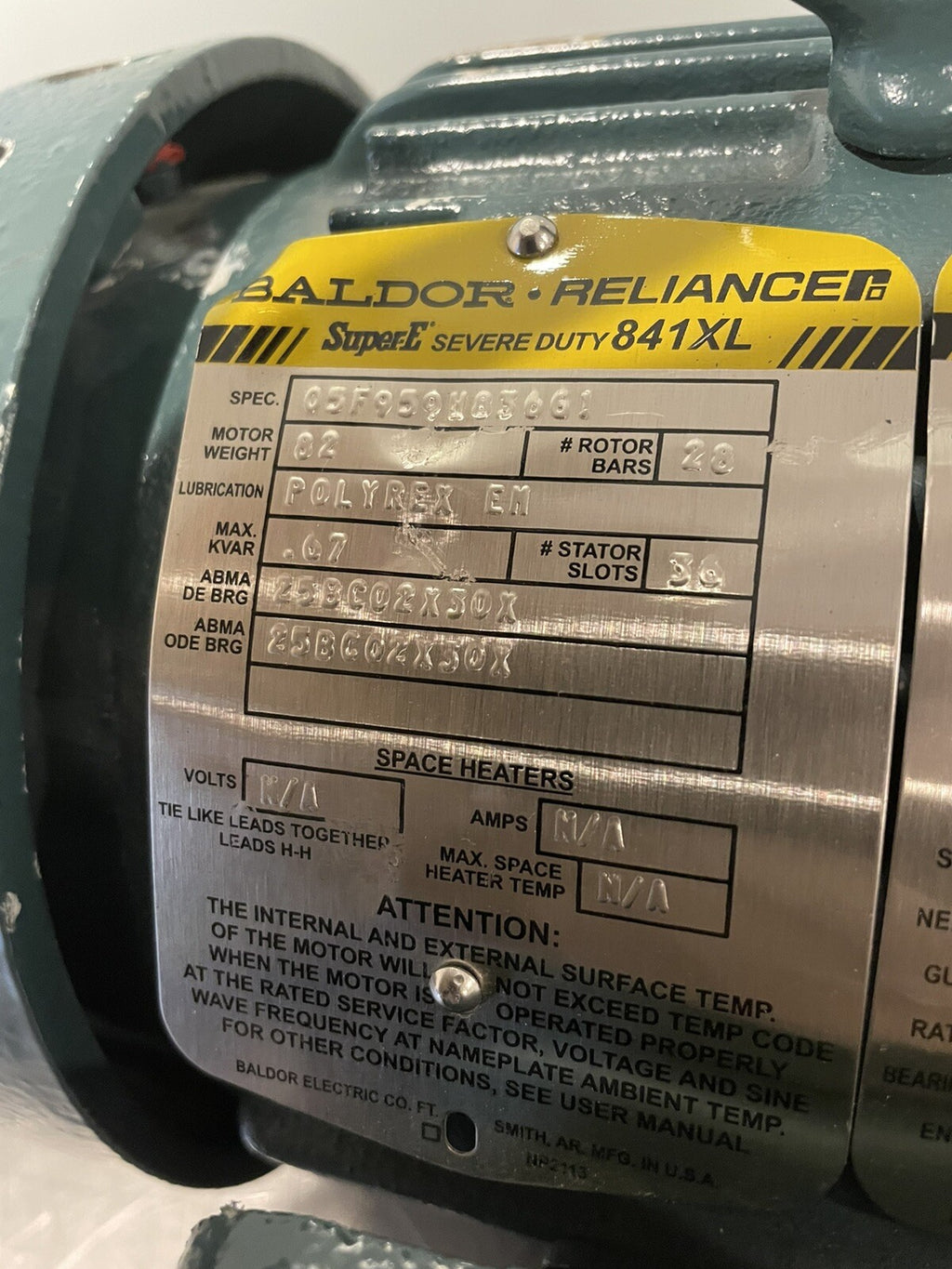 Baldor 05F959W836G1 Motor 841XL Super Duty 2HP 460V 2.7A 1755 RPM 145TCZ Frame