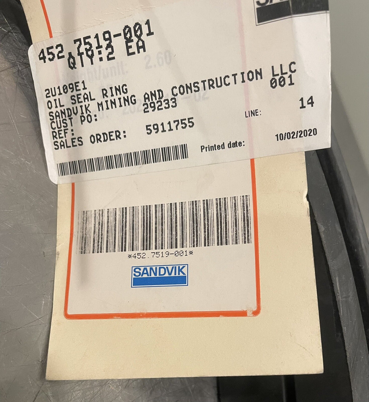 Sandvik 452.7519-001 Oil Seal Ring 29233 NEW! FREE SHIPPING!