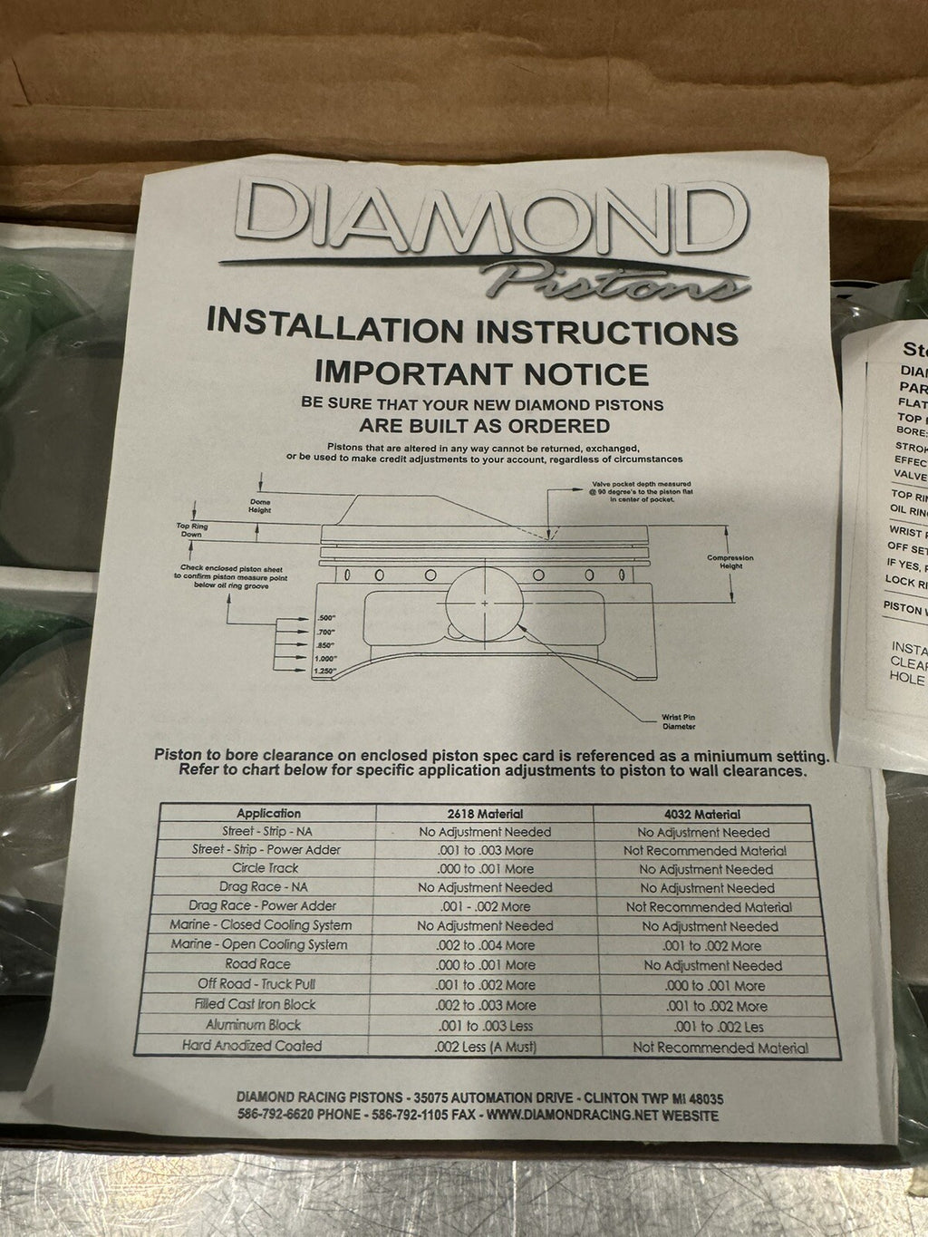 Diamond Pistons 1580TOR Bore 4.187 Comp. Height 1.58 NEW IN BOX! FREE SHIPPING!
