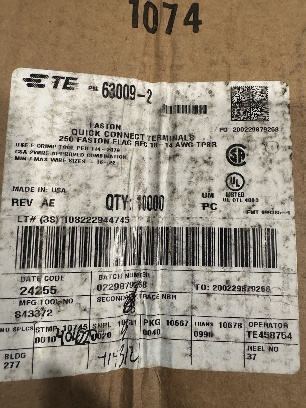 TE 63009-2 FASTON Quick Connect Terminals PACK OF 10000 NEW! FREE SHIPPING!