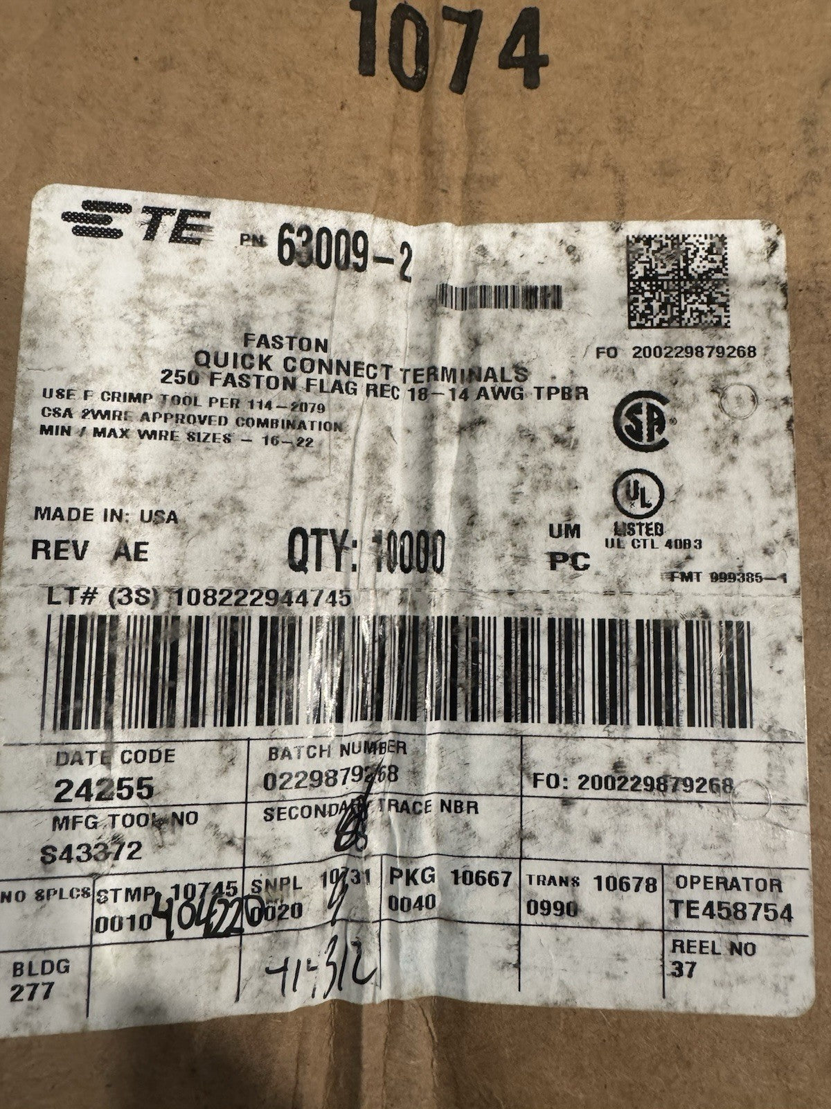 TE 63009-2 FASTON Quick Connect Terminals PACK OF 10000 NEW! FREE SHIPPING!