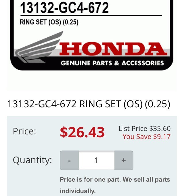 Genuine Honda Part CR80R Piston Ring Set 0.25 Oversize Part#13132-GC4-672