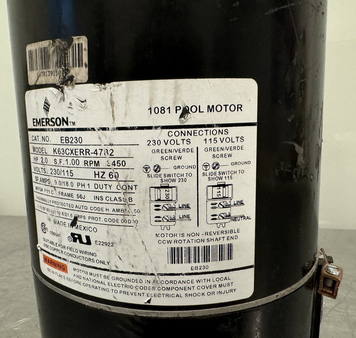 Emerson EB230 Motor 2 HP 230/115V 1PH F11C K63CXERR-4782 NEW! FREE SHIPPING!
