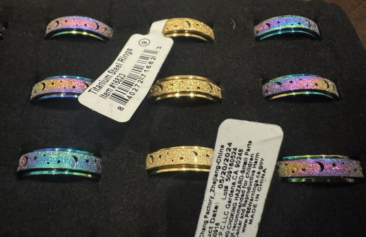 Puka Creations Titanium Steel Rings Stars Moon Middle Spins 72 PACK NEW!