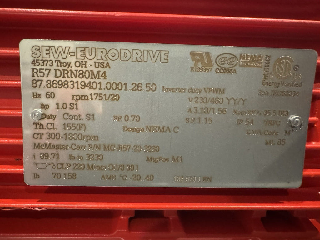 Sew Eurodrive Gearmotor 87.8698319401.0001.26.50  R57 DRN80M4 NEW! FREE SHIPPING