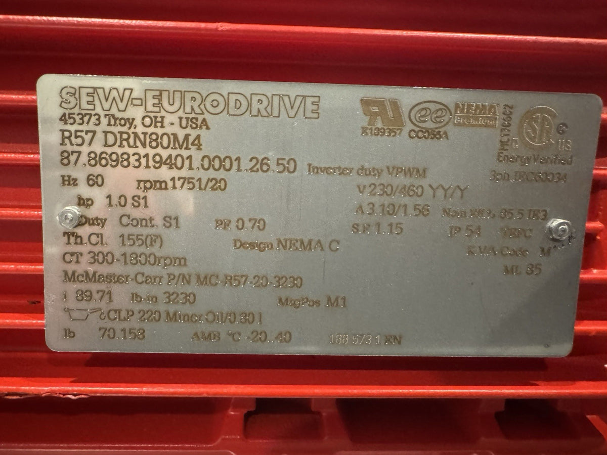 Sew Eurodrive Gearmotor 87.8698319401.0001.26.50  R57 DRN80M4 NEW! FREE SHIPPING