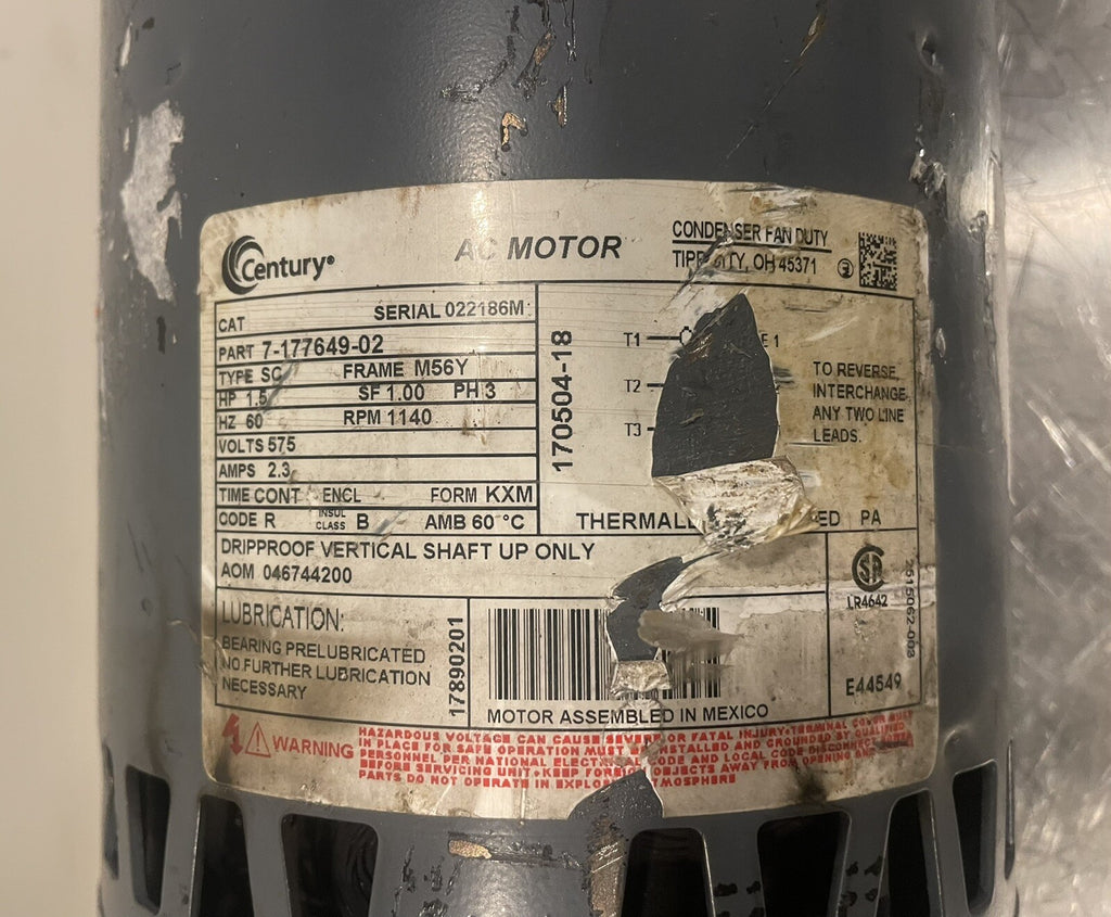 Century 7-177649-02 Motor 1140RPM 3PH 1.5HP 046744200 NEW! FREE SHIPPING!