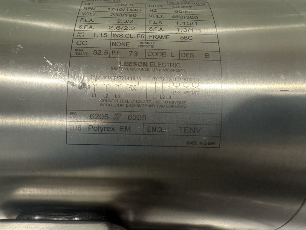 191208.00 Leeson Washguard SST Motor .75/.5HP 1740/1440 RPM 230/190V C6T17NC298 