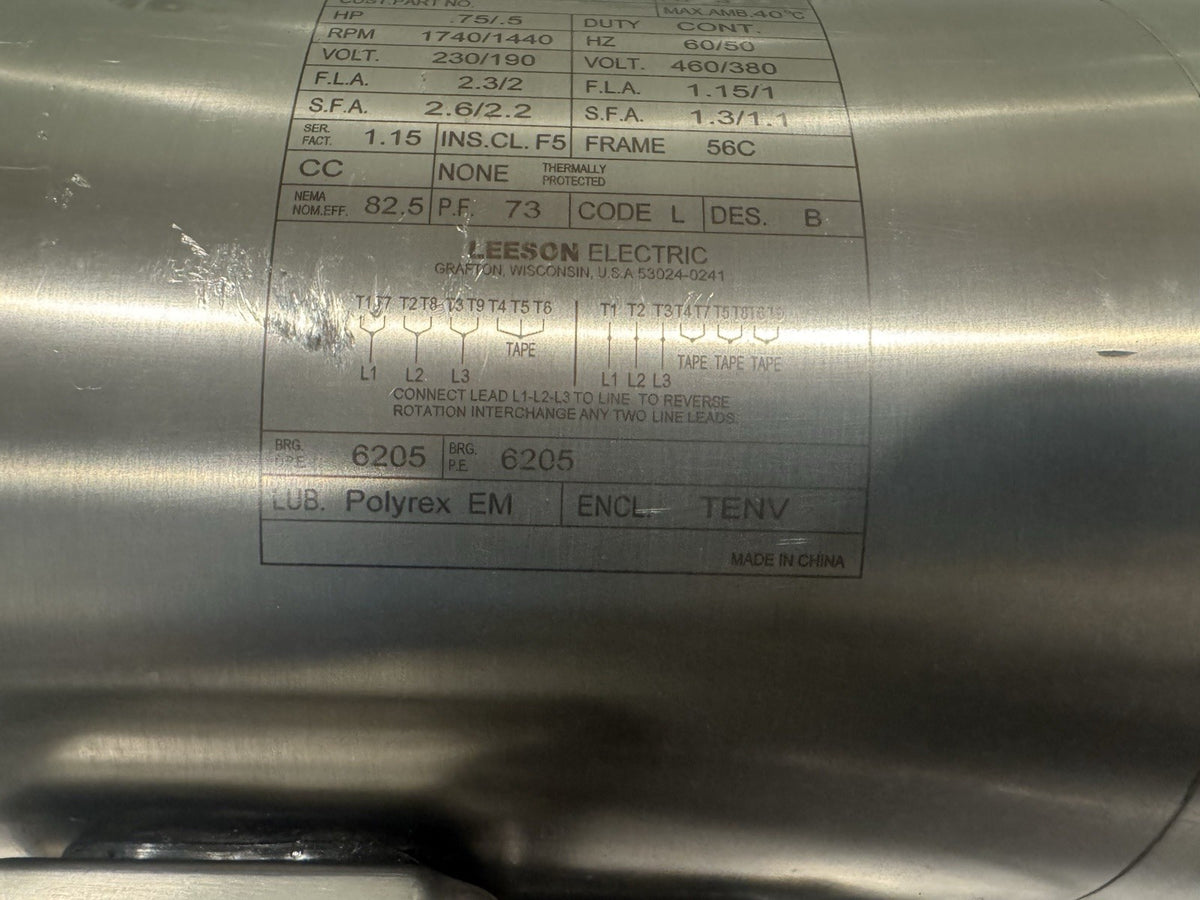 191208.00 Leeson Washguard SST Motor .75/.5HP 1740/1440 RPM 230/190V C6T17NC298 