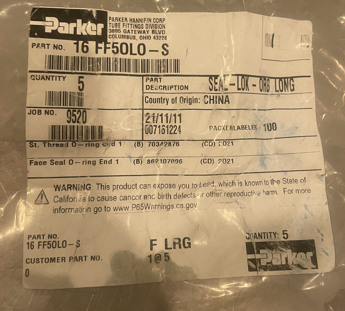 Parker 16 FF5OLO-S Seal Lok ORB Long Straight Threaded NEW! FREE SHIPPING!