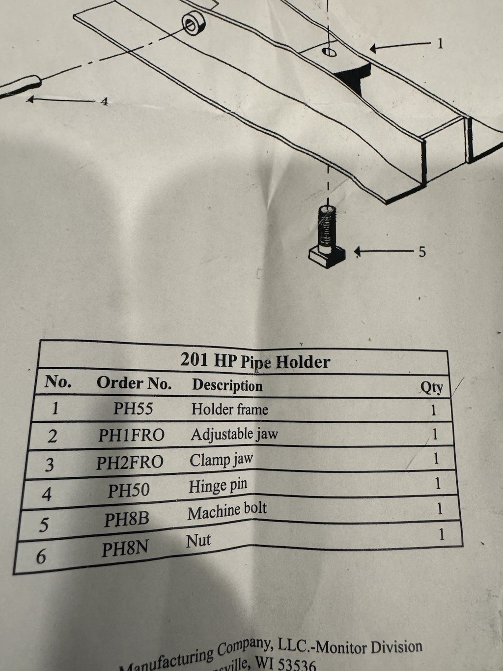 Monitor 201PH Adjustable Pipe Holder Hinge Pin Clamp Jaw Drop Pipe NEW!