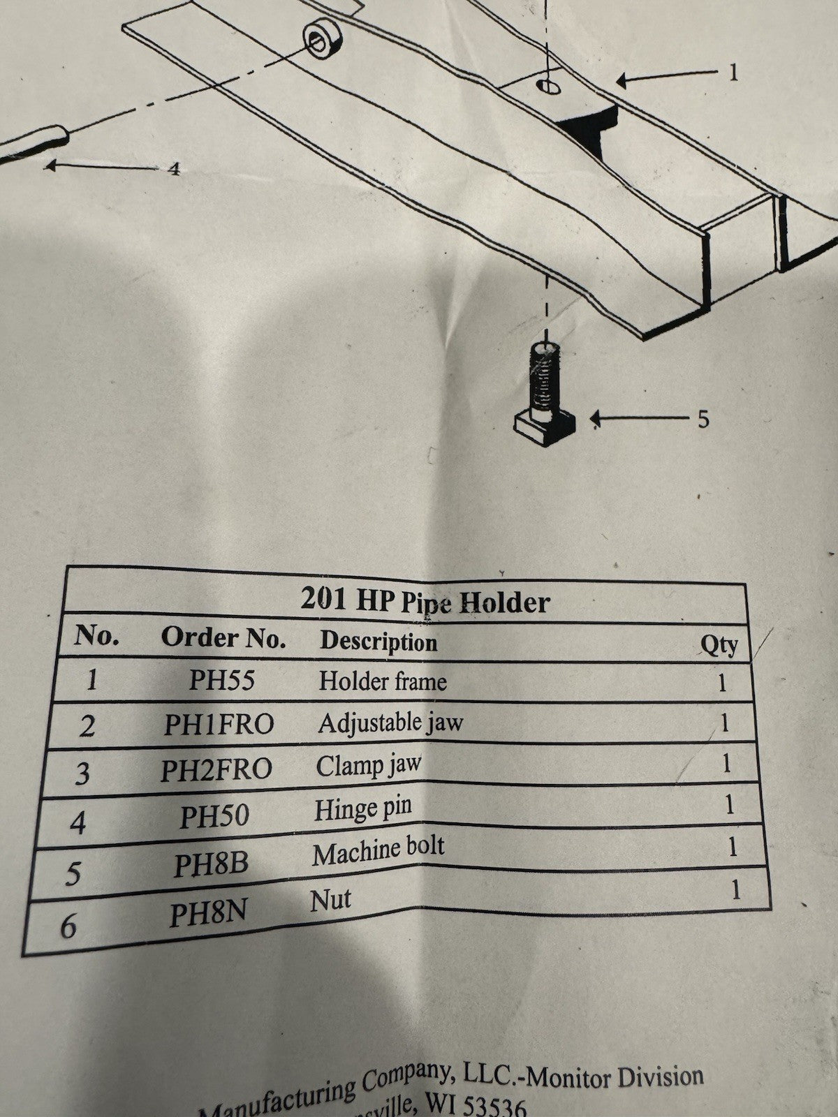 Monitor 201PH Adjustable Pipe Holder Hinge Pin Clamp Jaw Drop Pipe NEW!
