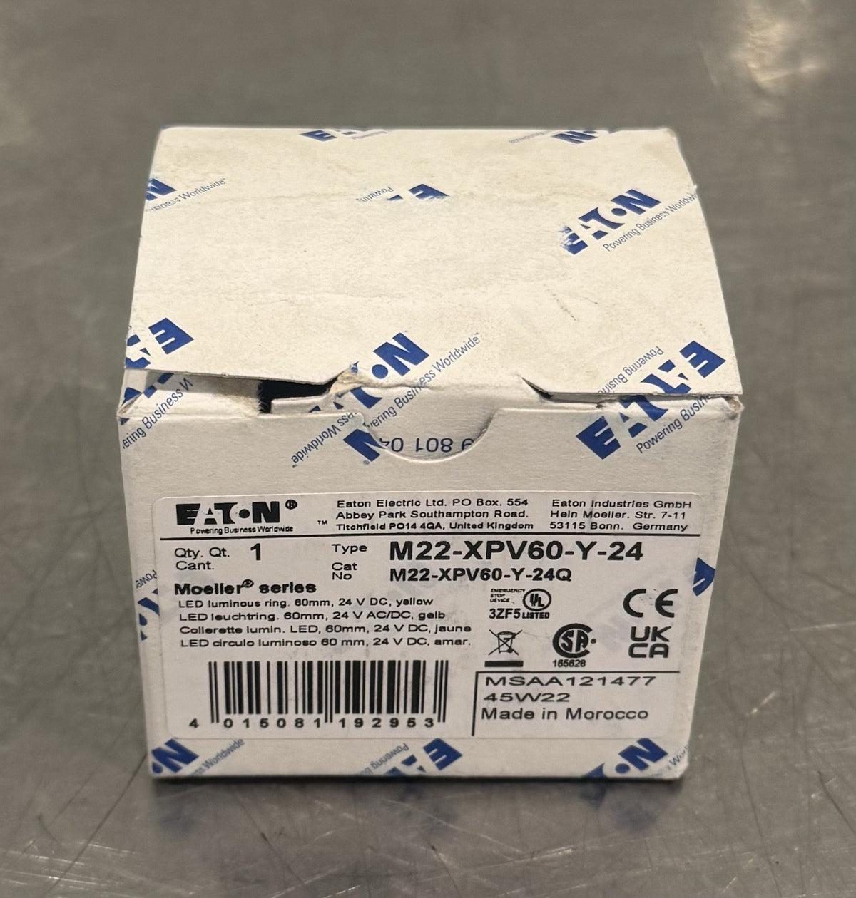 Eaton M22-XPV60-Y-24 LED Luminous Ring 24V 60mm Yellow NEW! FREE SHIPPING!