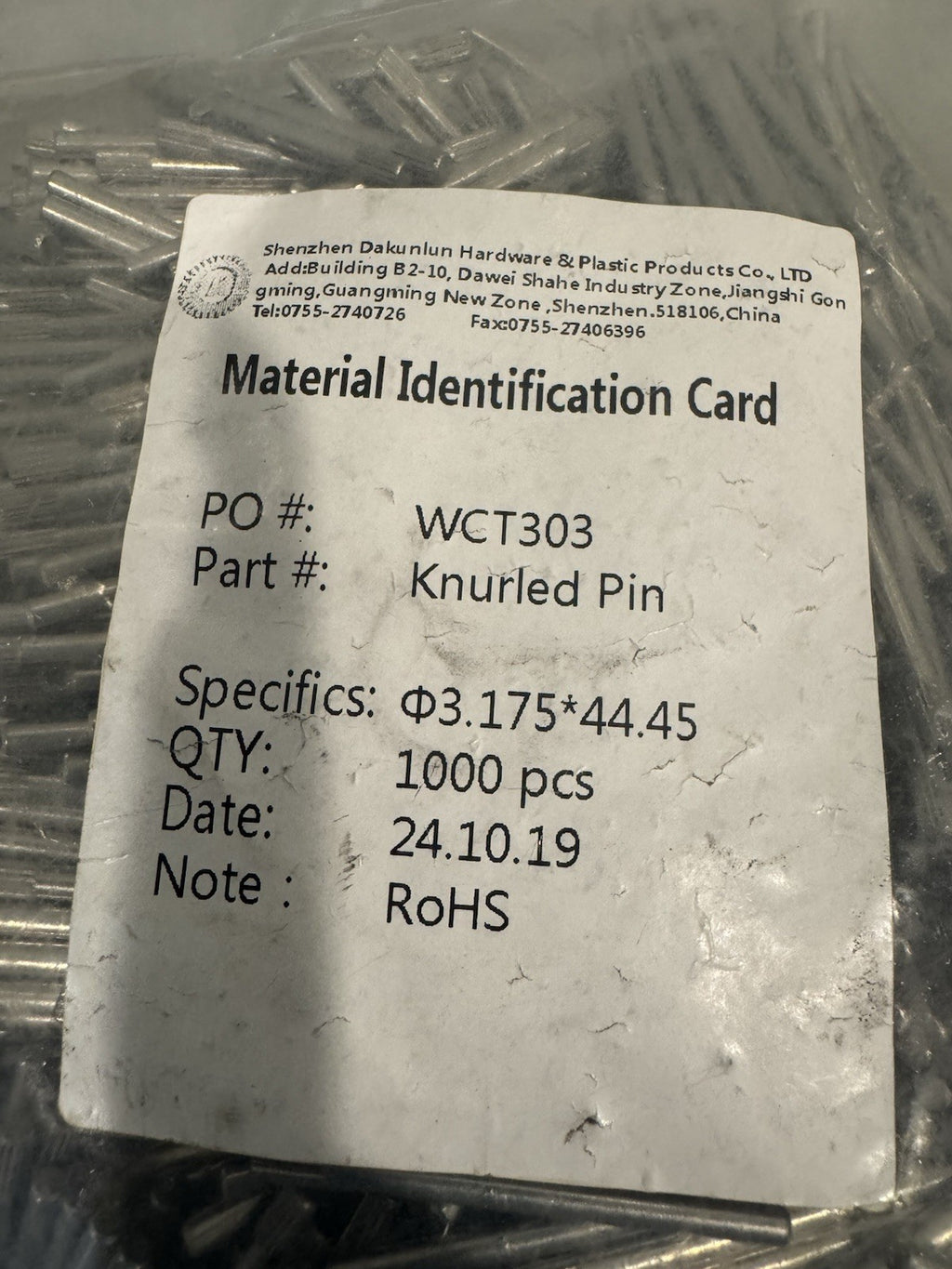 WCT303 Knurled Pin 1000PK 3.175 44.45 NEW! FREE SHIPPING!