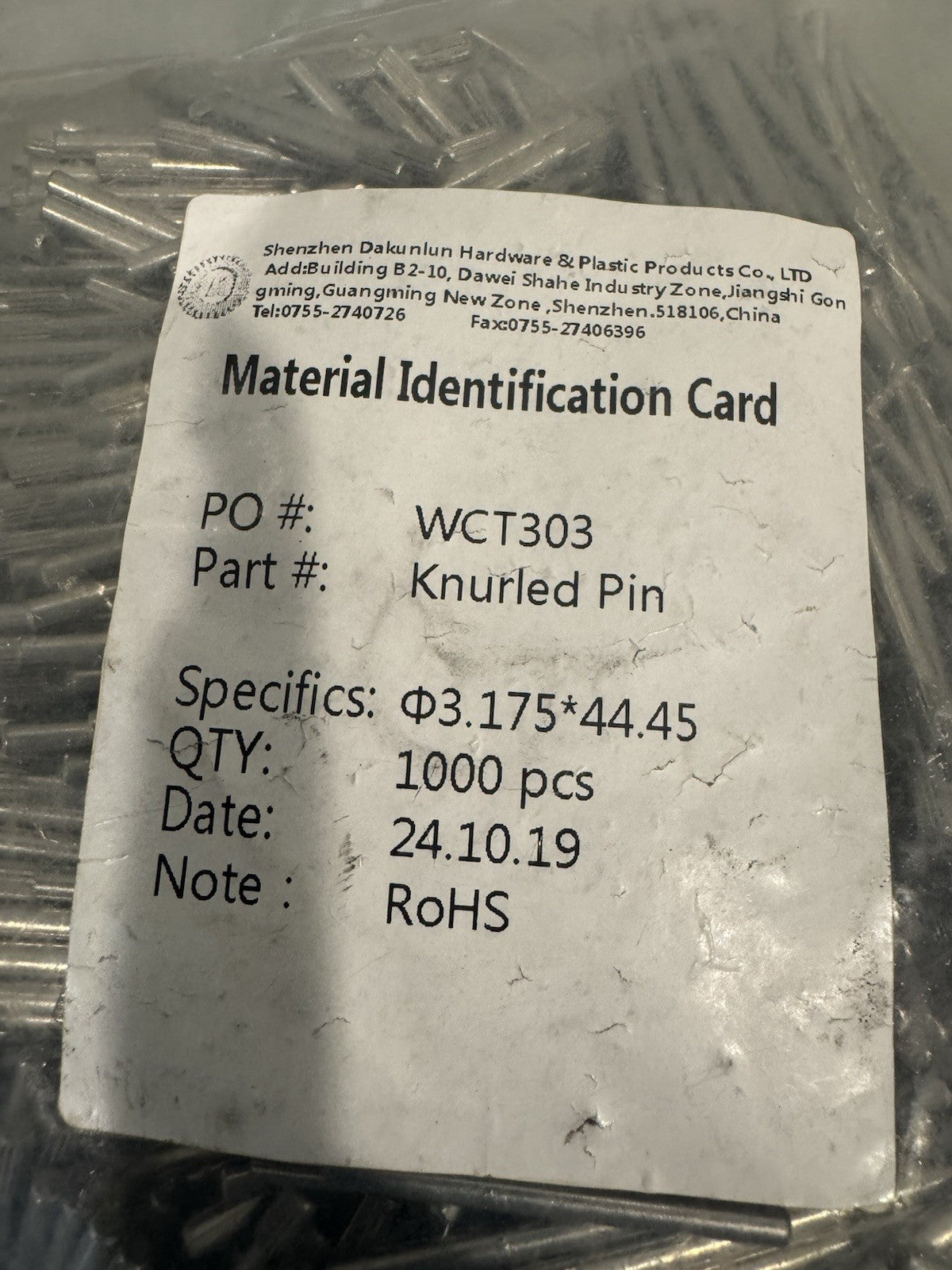WCT303 Knurled Pin 1000PK 3.175 44.45 NEW! FREE SHIPPING!
