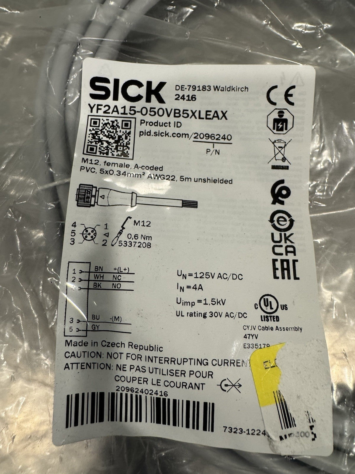 Sick YF2A15-050VB5XLEAX Sensor Actuator Cable NEW! FREE SHIPPING!