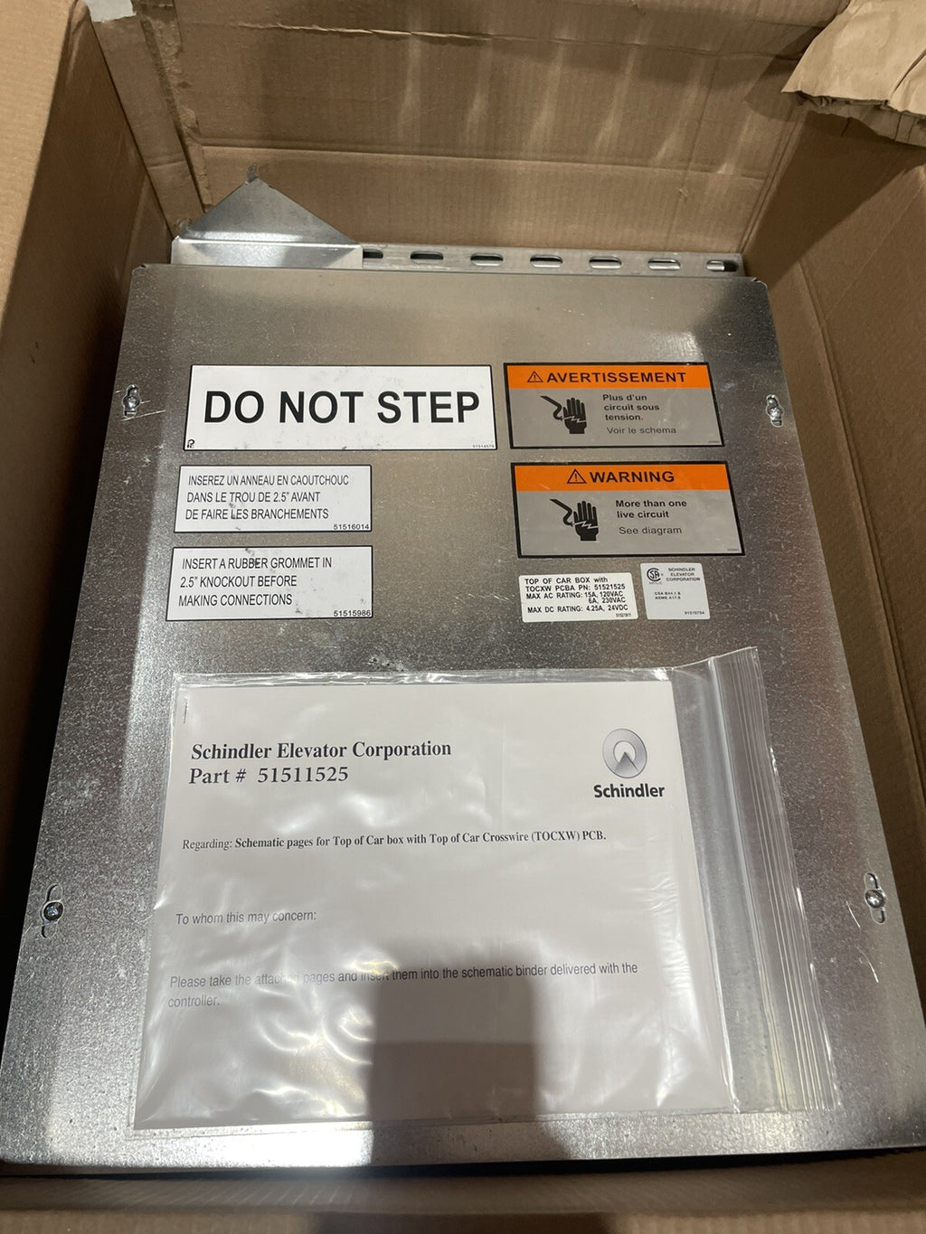 Schindler Elevator 51521525 Top Of Car Box W/ Top Of Car Crosswire TOCXW NEW!