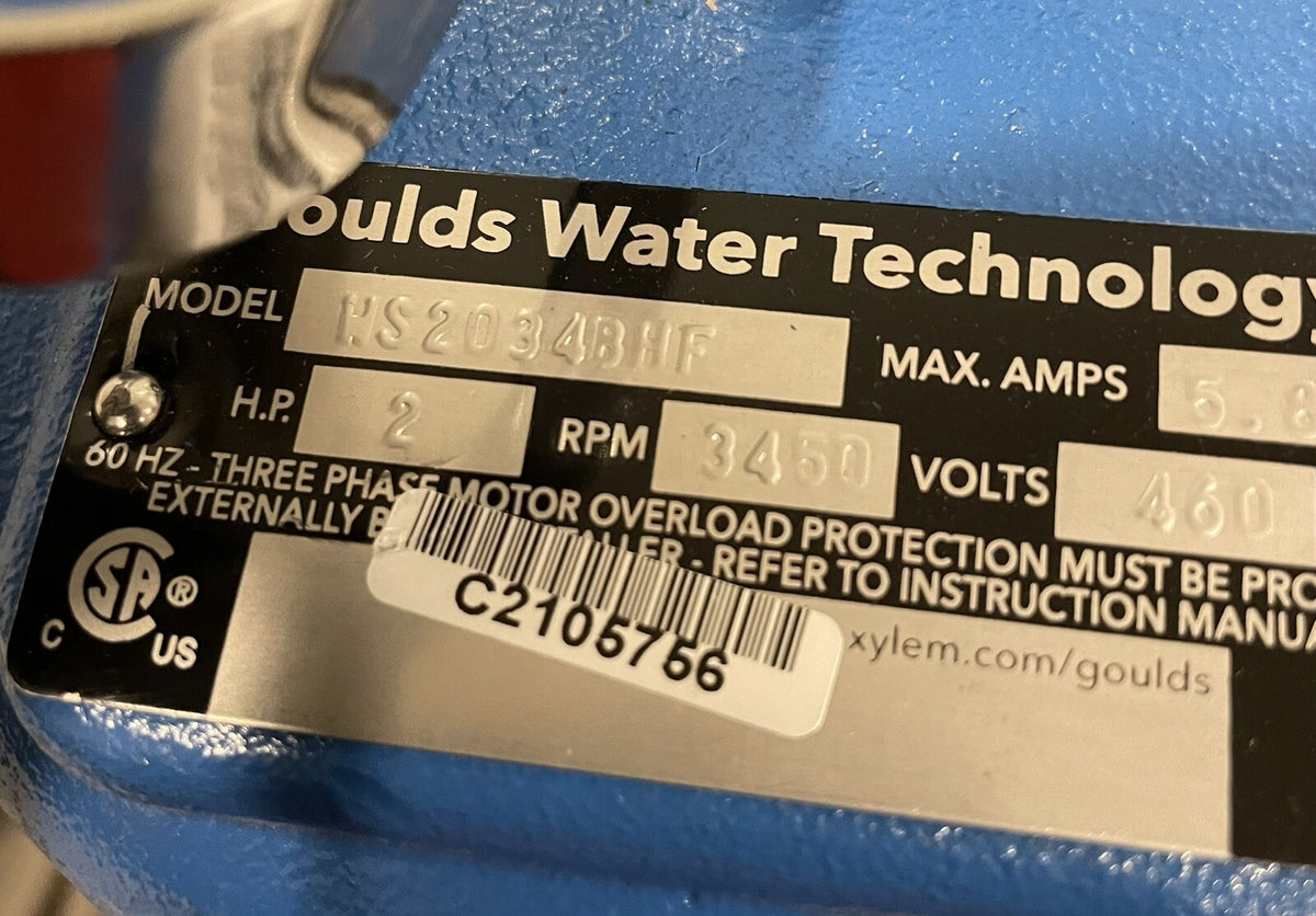 Goulds WS2034BHF Wastewater Sewage Pump 2HP 3PH 3450 RPM 460V 5.8A NEW!