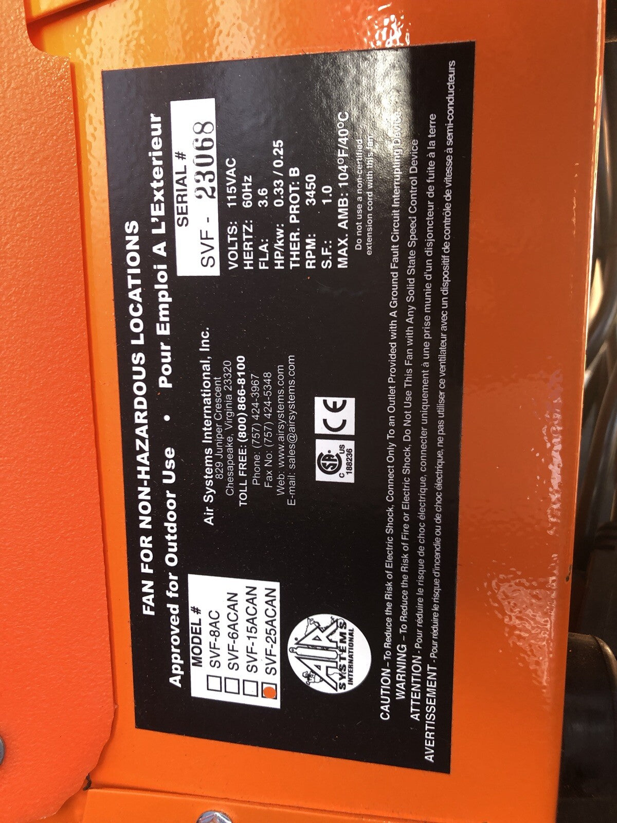 Air Systems International SVF-25ACAN Confined Space Fan 858CFM NEW!!!