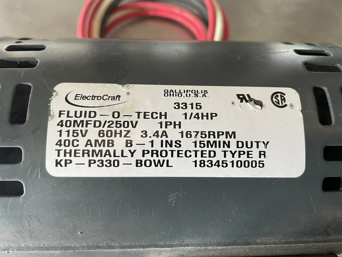 ElectroCraft Motor 3315 Fluid-O-Tech 40MFD/250V 1PH 115V 3.4AMP 1675 RPM NEW!!