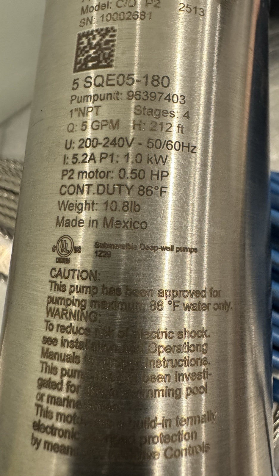 Grundfos 5 SQE05-180 Submersible Pump 5 GPM .5 HP 96160175 W/ 175’ Cable & Wire 