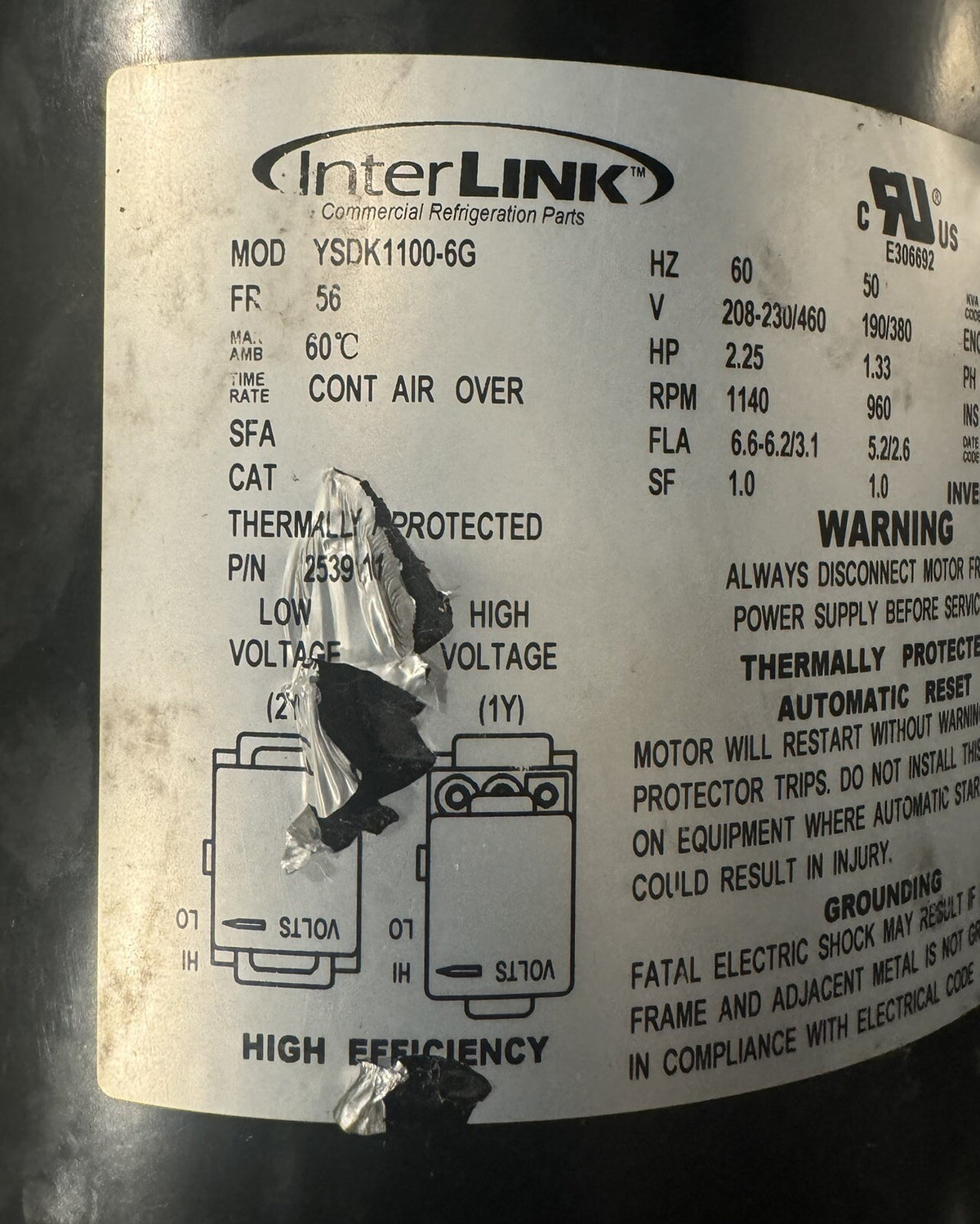 Heatcraft 25391101 2.25 HP Condenser Motor Interlink YSDK1100-6G NEW!!!