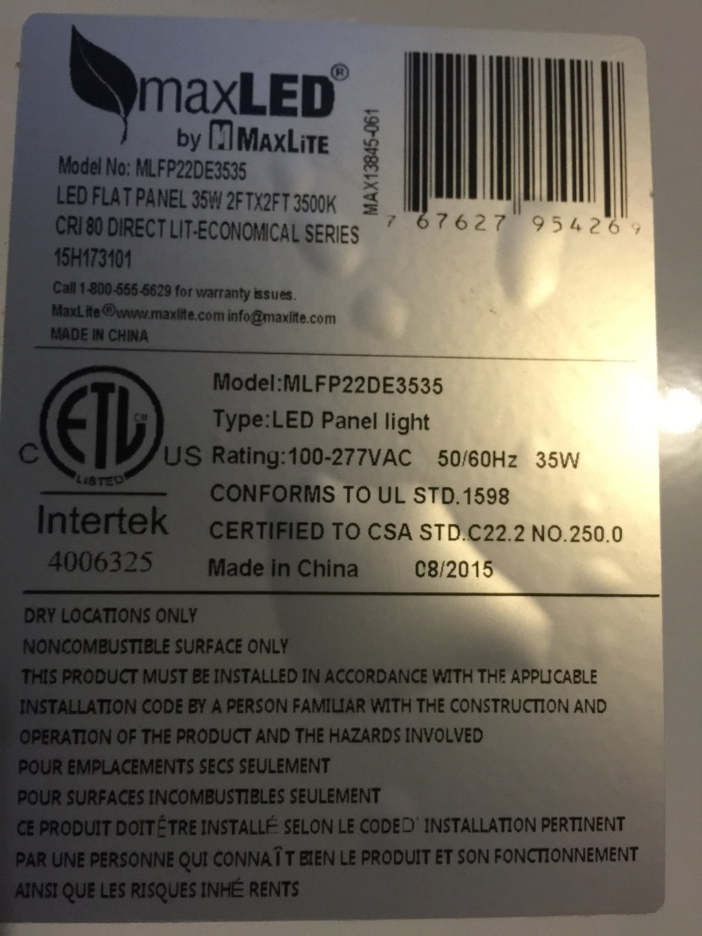 MAXLITE LED Flat Panel Light 2'x2' 35watt 3500k Model mlfp22de3535 NEW