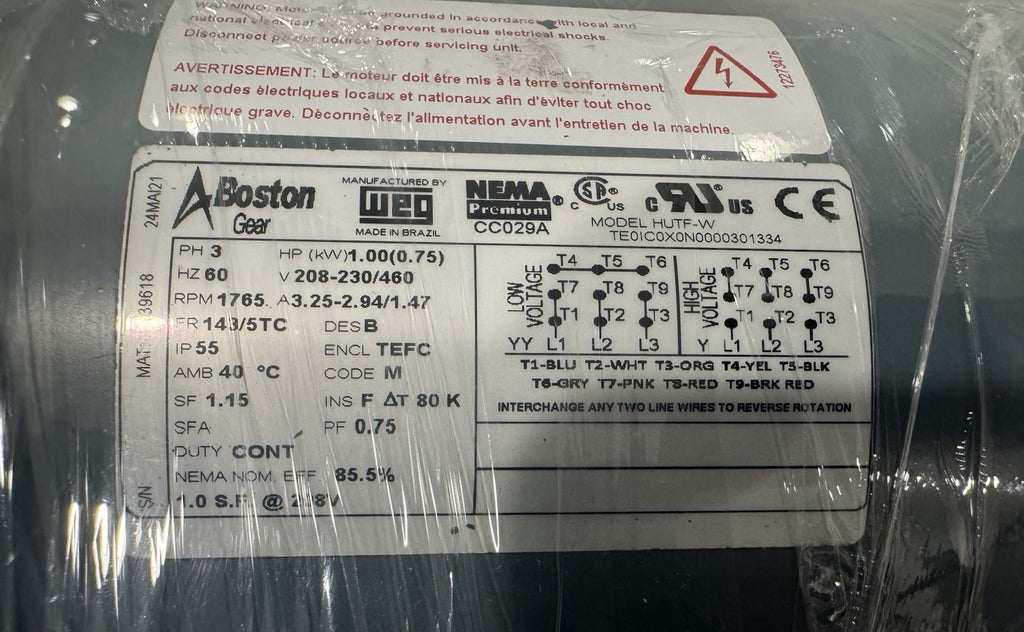 Boston Gear HUTF-W Motor 1HP 208-230/400V 1765 RPM 3PH NEW! FREE SHIPPING!
