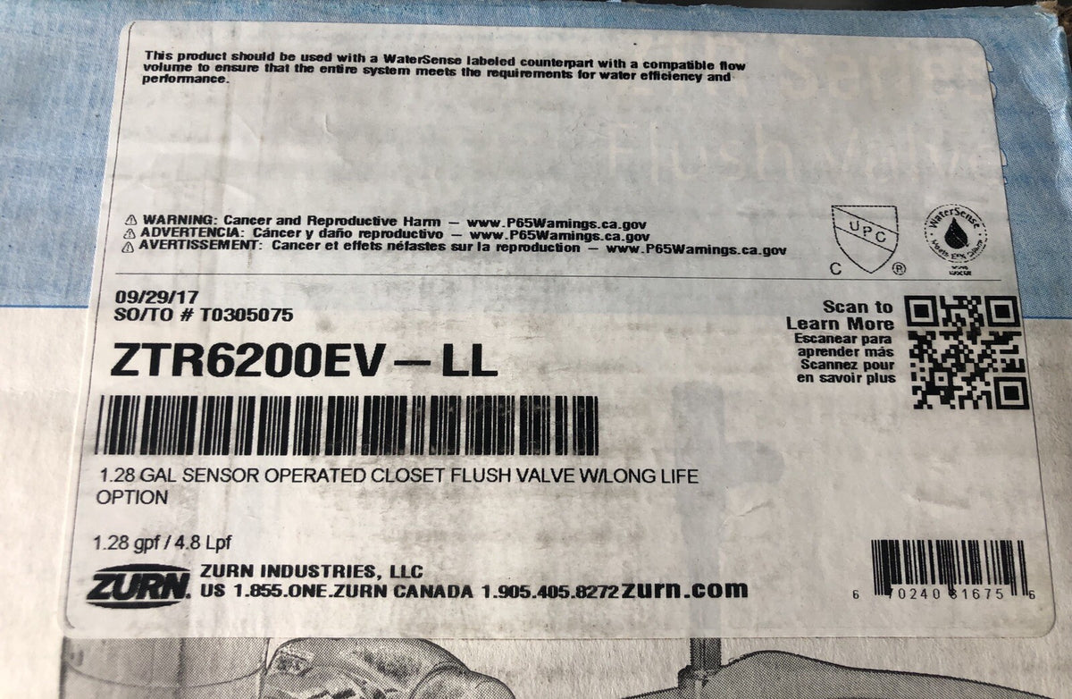 Zurn ZTR6200EV-LL Aquasense Sensor Operated 1.28GPF Water Closet Flush Valve NEW