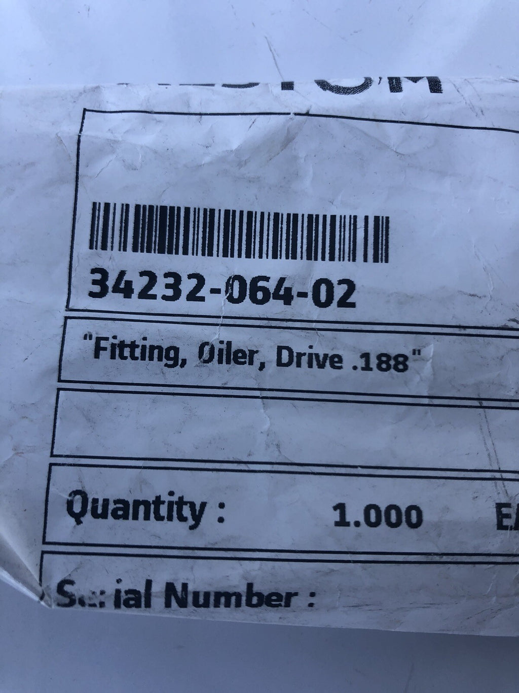 Alstom 34232-064-02 Drive .188 Oiler Fitting NEW!!! FREE SHIPPING!!!