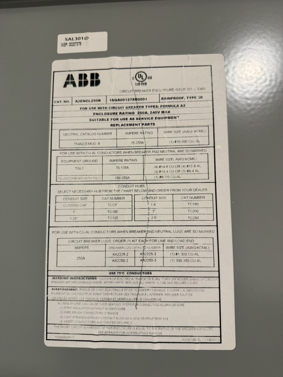 ABB A2ENCL250R Enclosure For Circuit Breakers NEW! FREE SHIPPING!