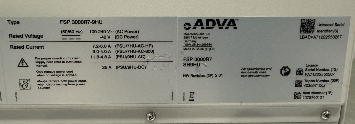 Adva FSP 3000R7-9HU Fiber Service Platform Network Shelf 1078700121 NEW!