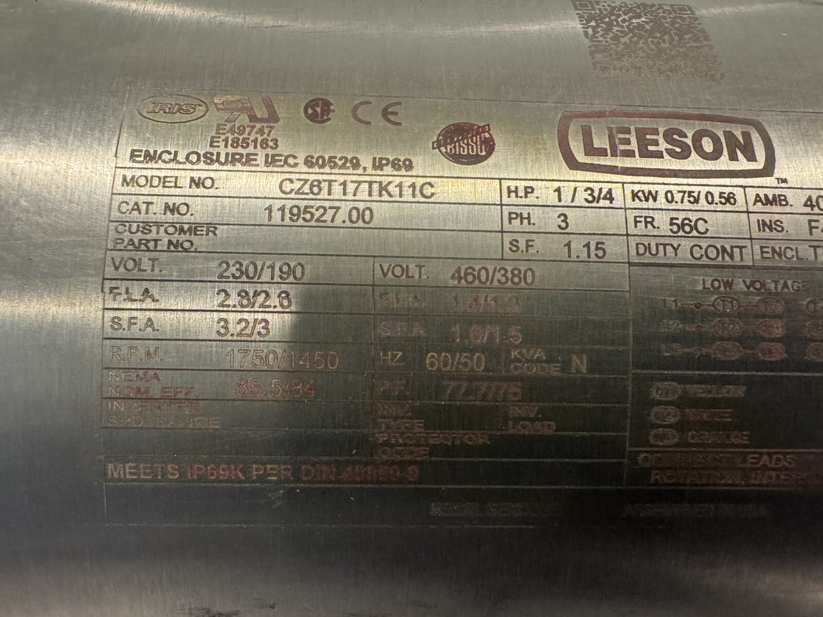 Leeson 119527.00 Washdown Motor 1 HP 230/190V 460/380V 3PH NEW! FREE SHIPPING!