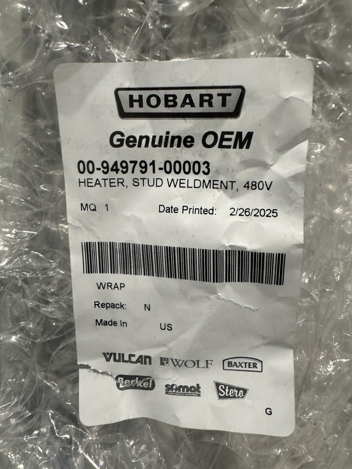 Hobart 00-949791-00003 Heater Stud Weldment 18Kw FT1000 NEW! FREE SHIPPING!