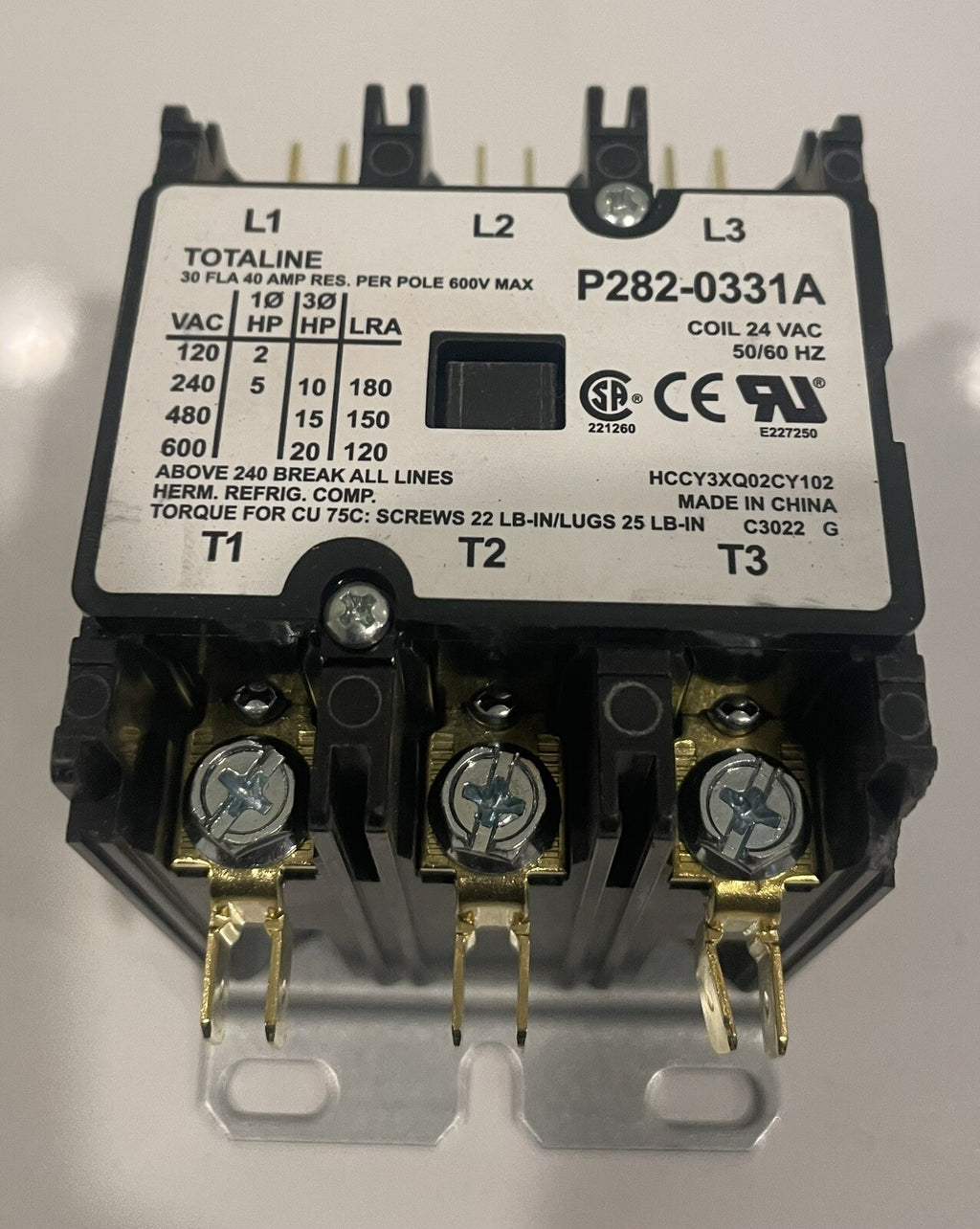 Totaline P282-0331A Definite Purpose Contactor 3 Pole 40A Res Coil 24 VAC NEW