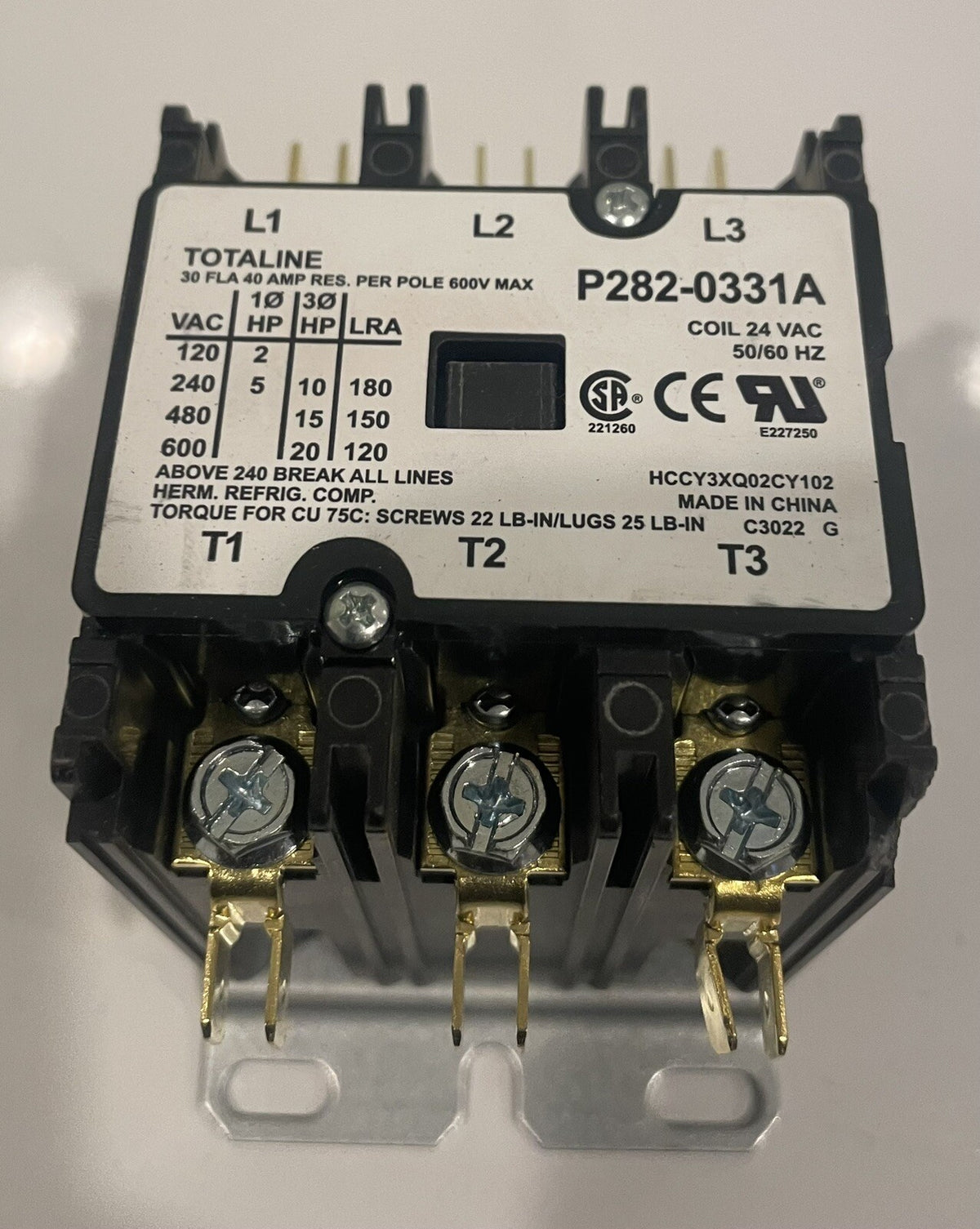 Totaline P282-0331A Definite Purpose Contactor 3 Pole 40A Res Coil 24 VAC NEW