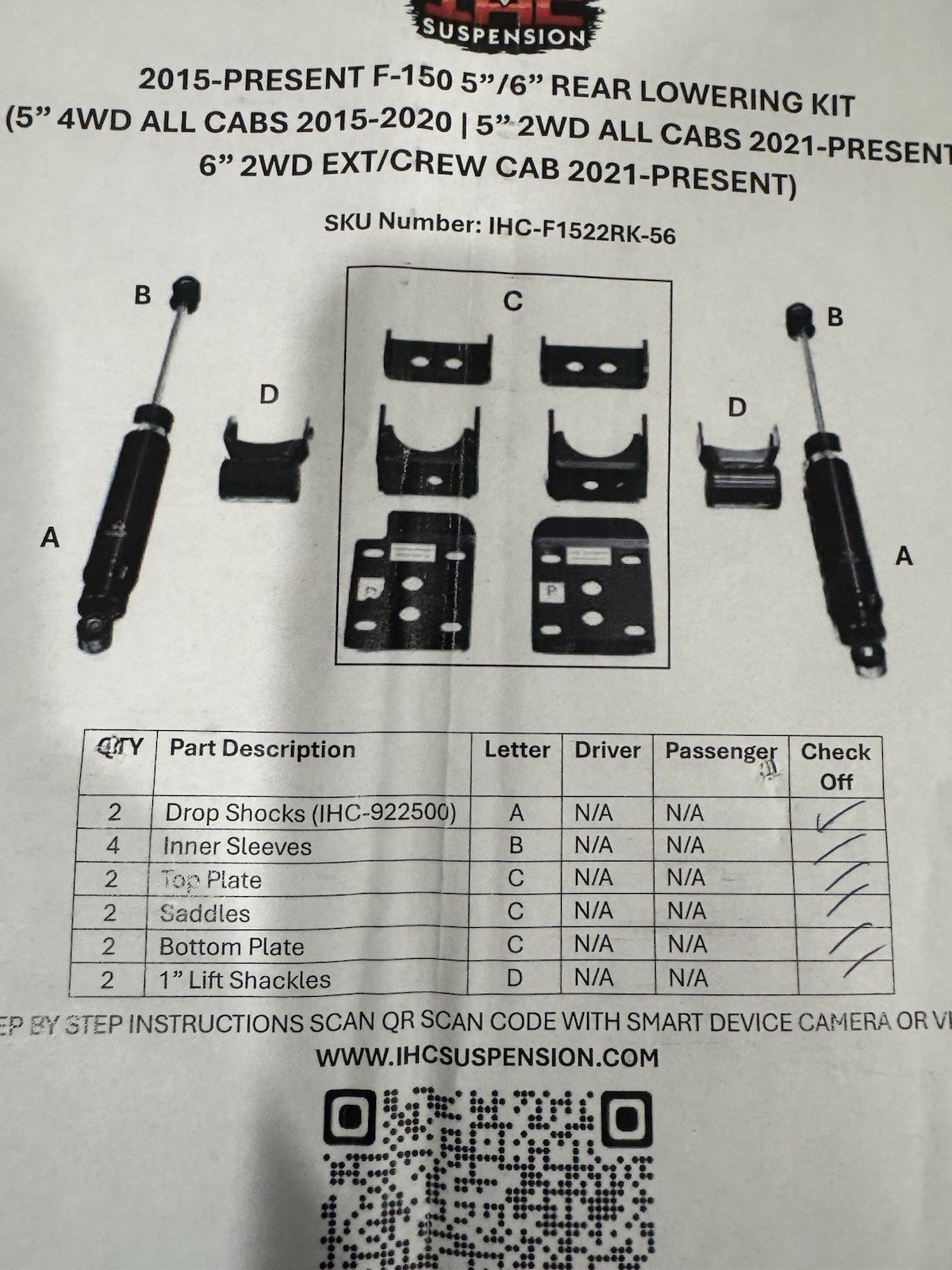 IHC Suspension F1522RK-56 Rear Lowering Kit 5/6” F-150 Ford NEW IN BOX!