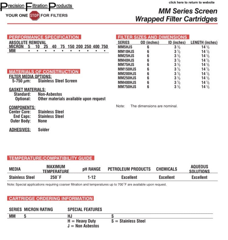 Precision Filtration MM150HJS Heavy Duty Non-Asbestos Stainless Steel 150 Micron