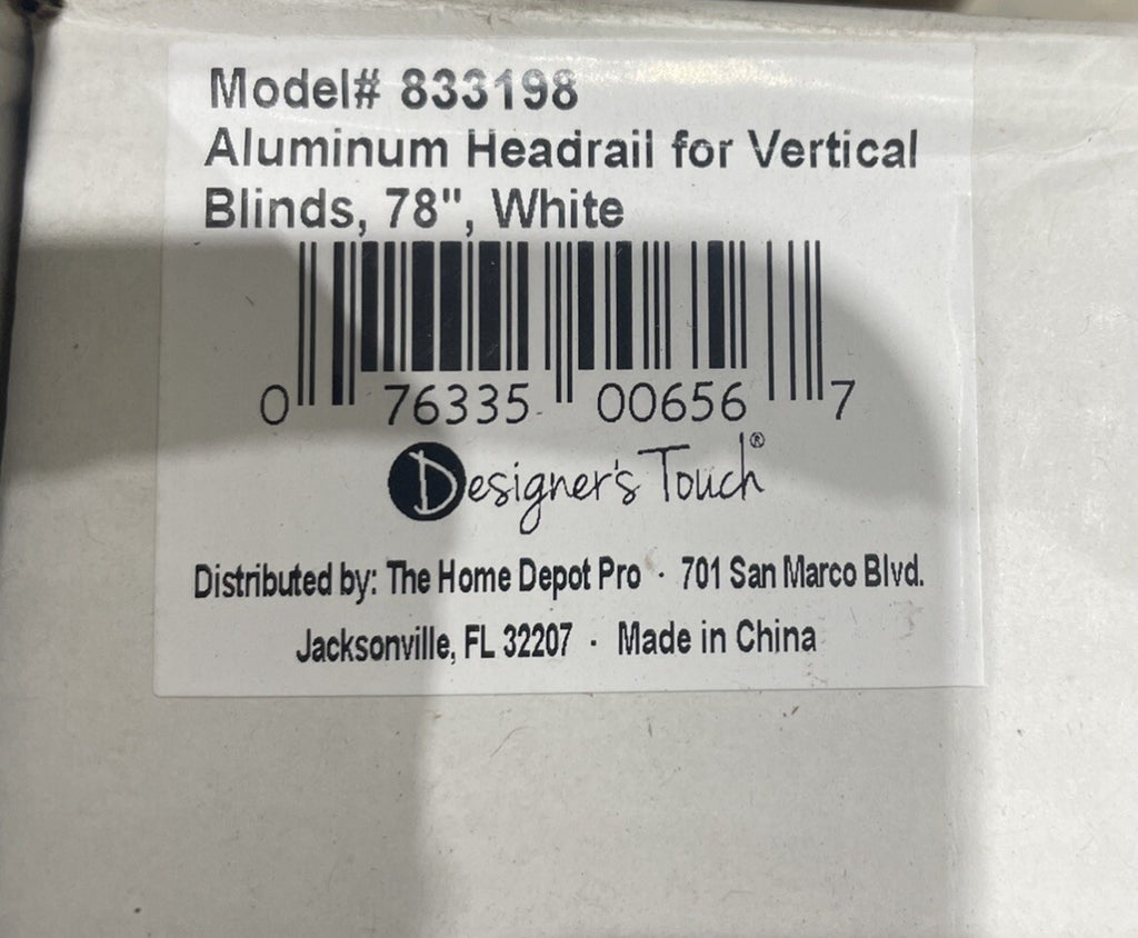 Designer Touch 833198 Vertical Blind White Aluminum Rail 78” NEW IN BOX!