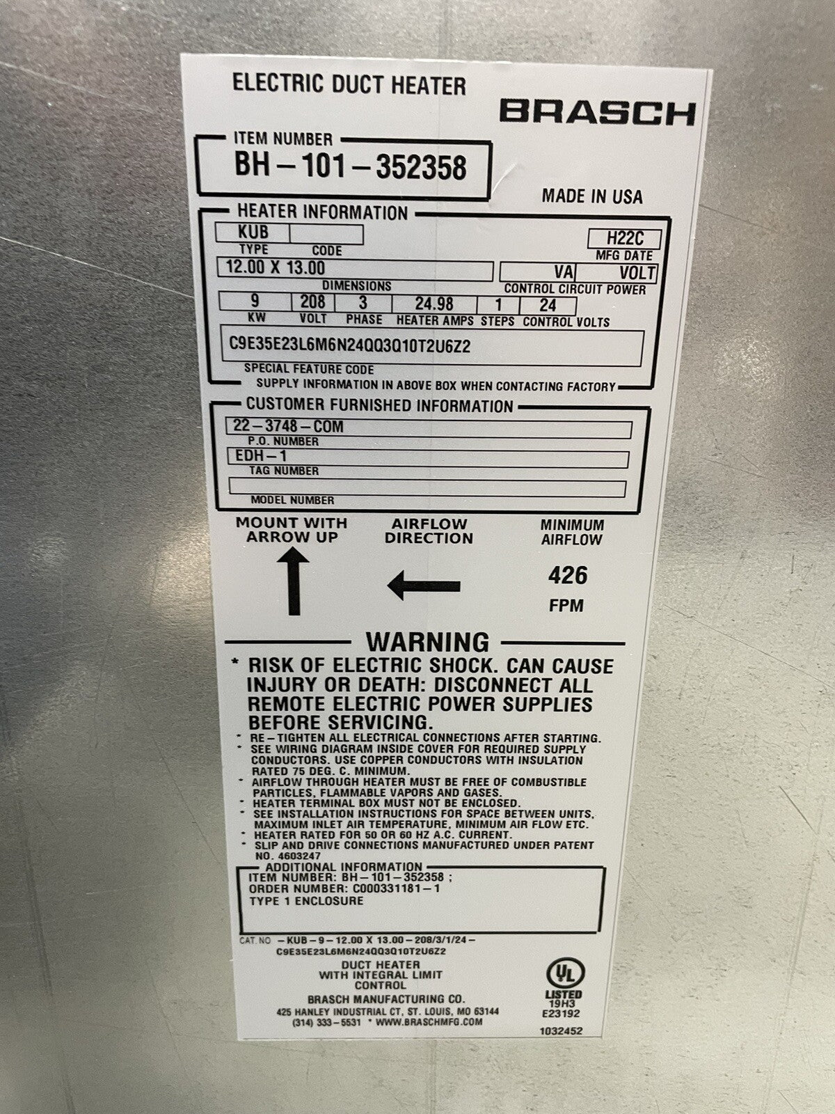 Brasch BH-101-352358 Electric Duct Heater Indeeco 108-B3-600-30 NEW! SHIPS FREE!